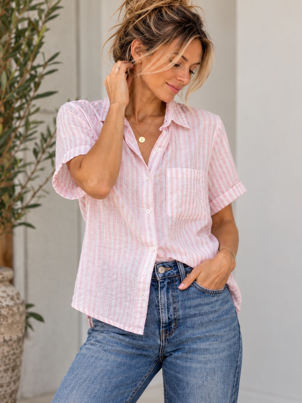 NWOT  Linen Blend Striped Oversized Button Down Shirt